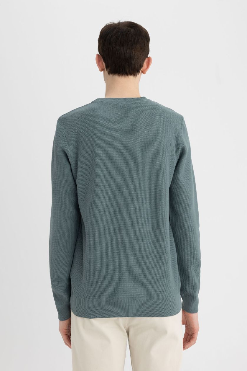 Erkek Mavi Standart Fit Normal Kesim Pamuklu Bisiklet Yaka Triko Kazak