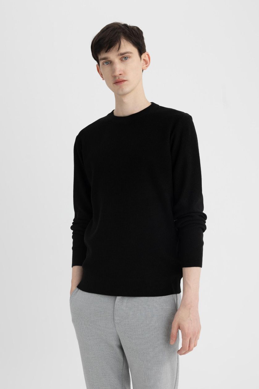 Erkek Siyah Siyah Standart Fit Normal Kesim Pamuklu Bisiklet Yaka Triko Kazak