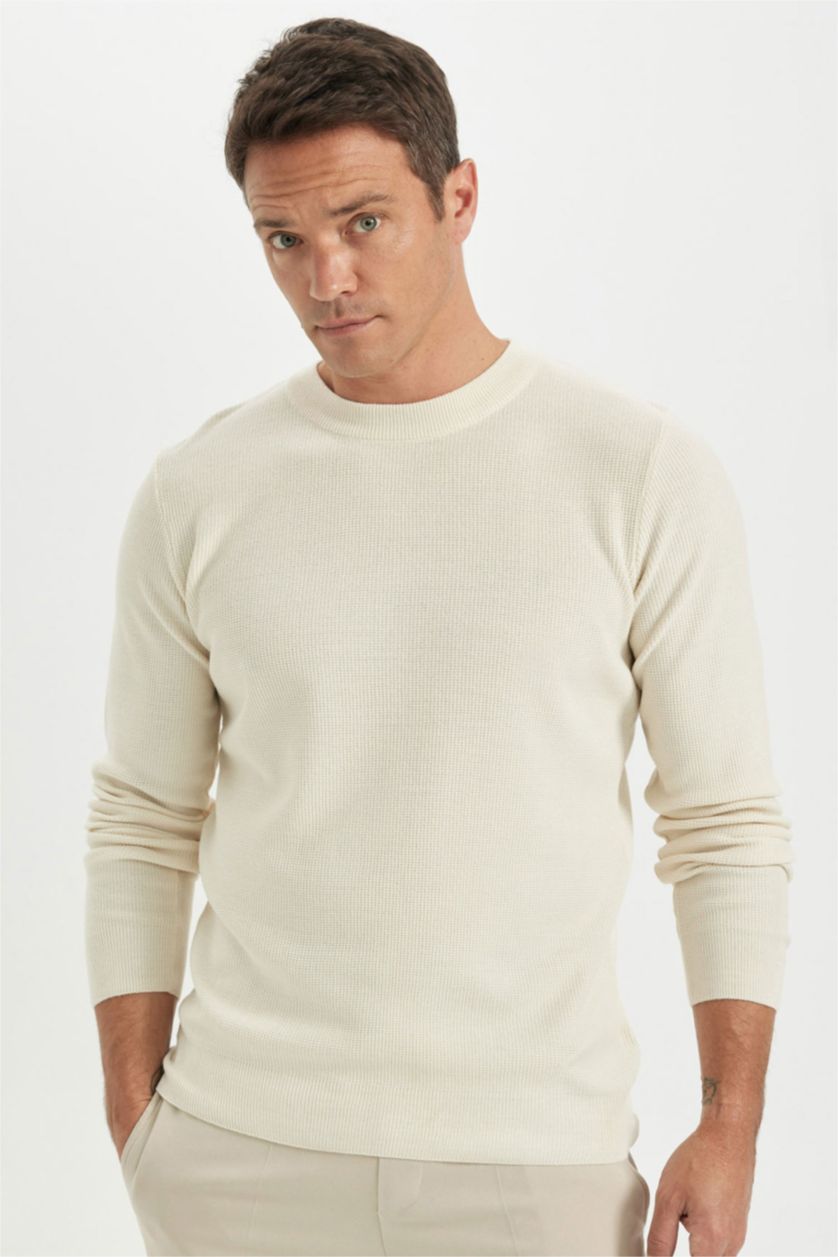 Erkek Ekru Standart Fit Normal Kesim Pamuklu Bisiklet Yaka Triko Kazak