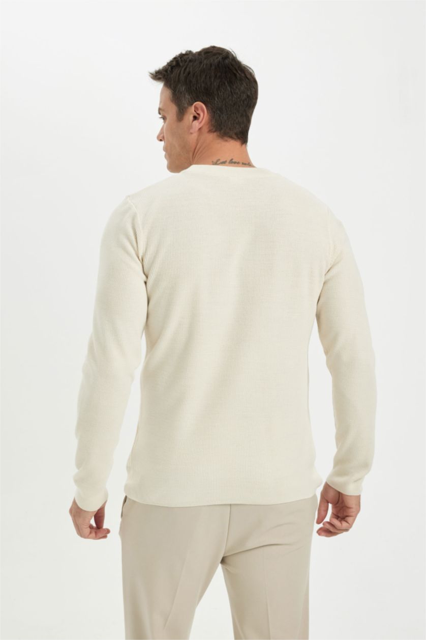 Erkek Ekru Standart Fit Normal Kesim Pamuklu Bisiklet Yaka Triko Kazak