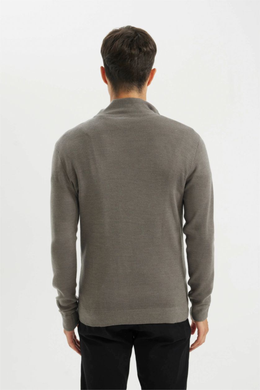 Erkek Koyu Gri Standart Fit Normal Kesim Dik Yaka Yarım Fermuarlı Basic Düz Triko Kazak