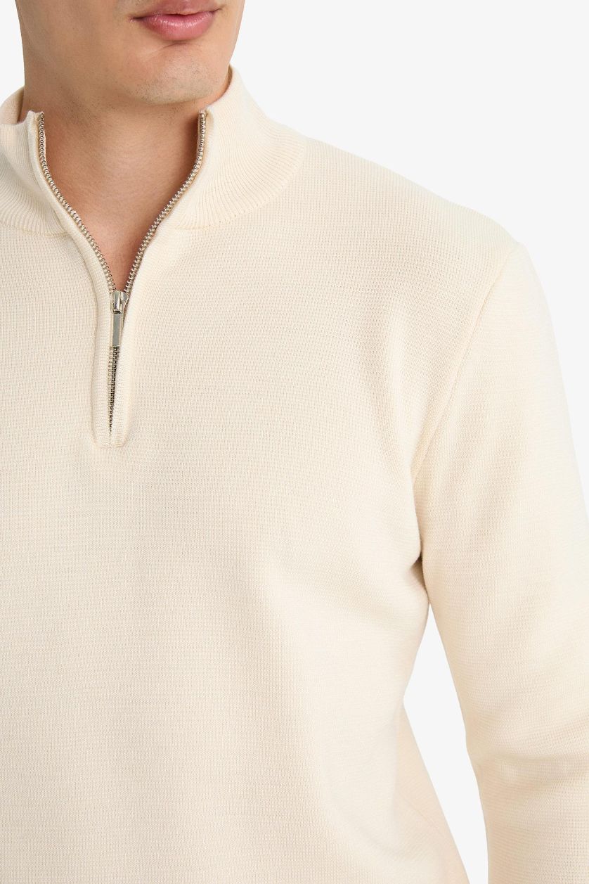 Erkek Kum Standart Fit Normal Kesim Dik Yaka Yarım Fermuarlı Basic Düz Triko Kazak