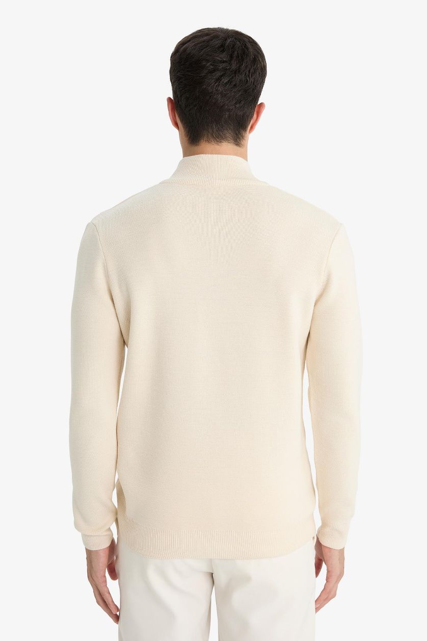 Erkek Kum Standart Fit Normal Kesim Dik Yaka Yarım Fermuarlı Basic Düz Triko Kazak