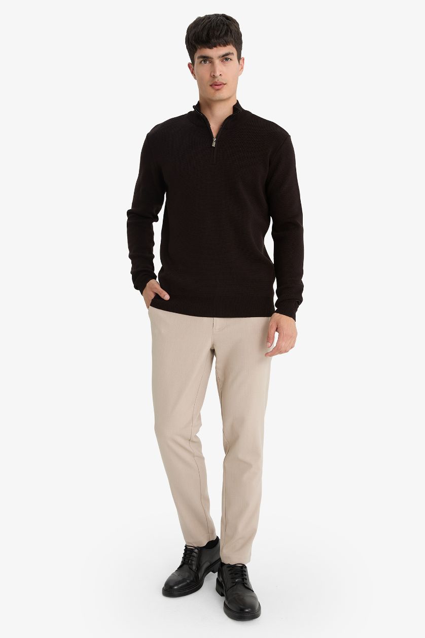 Erkek Kahve Standart Fit Yarım Fermuarlı Triko Kazak