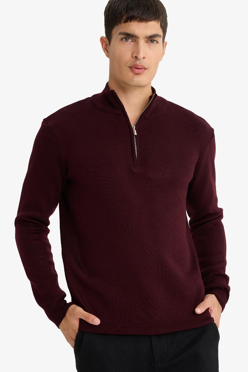 Erkek Bordo Standart Fit Normal Kesim Dik Yaka Yarım Fermuarlı Basic Düz Triko Kazak