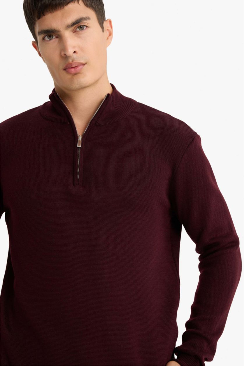 Erkek Bordo Standart Fit Normal Kesim Dik Yaka Yarım Fermuarlı Basic Düz Triko Kazak
