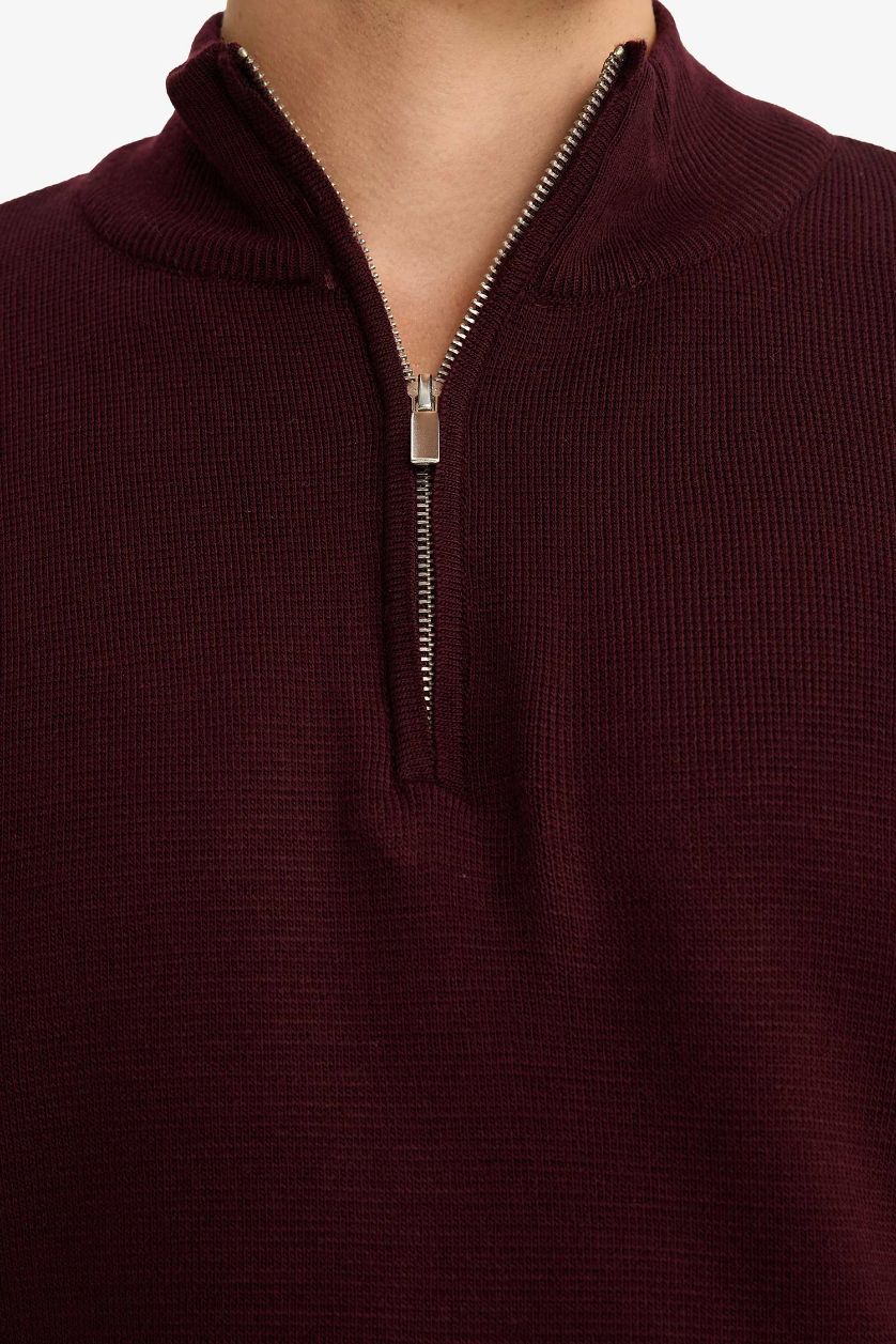 Erkek Bordo Standart Fit Normal Kesim Dik Yaka Yarım Fermuarlı Basic Düz Triko Kazak