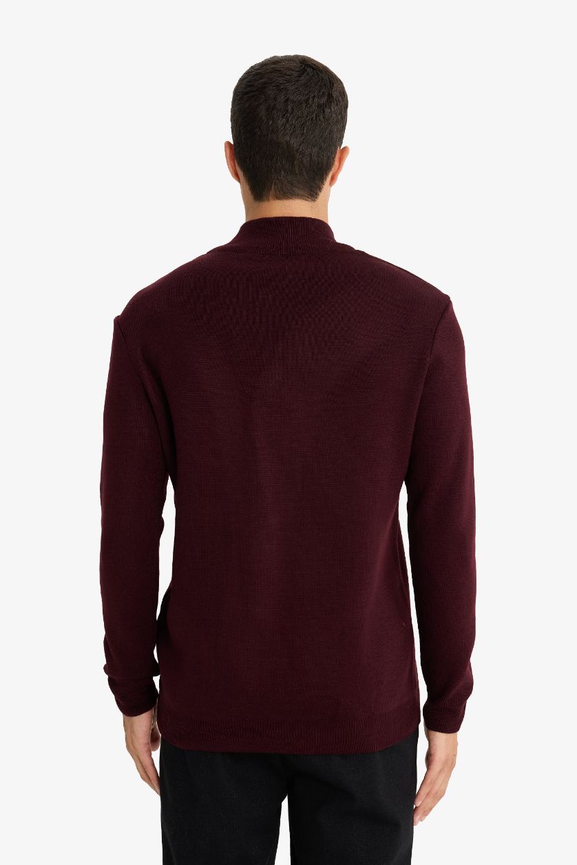 Erkek Bordo Standart Fit Normal Kesim Dik Yaka Yarım Fermuarlı Basic Düz Triko Kazak