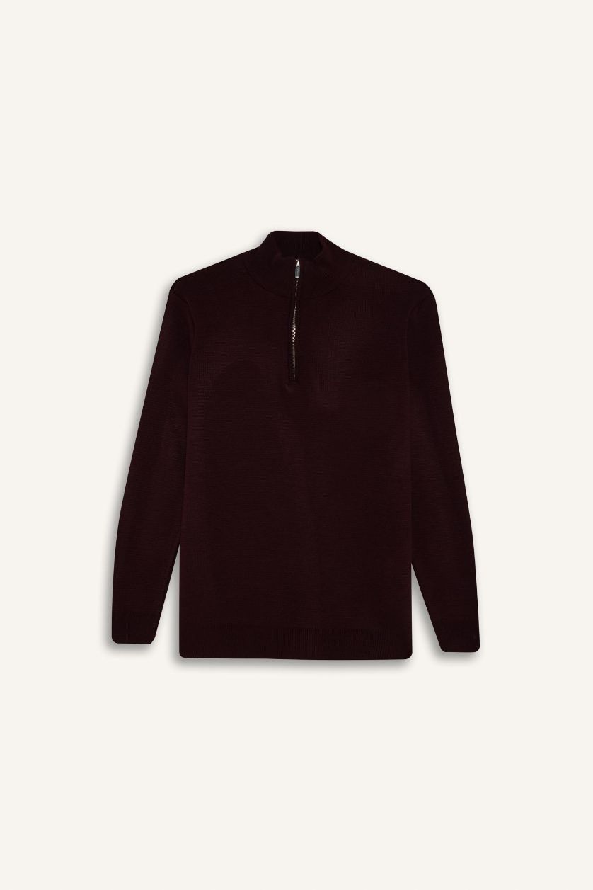 Erkek Bordo Standart Fit Normal Kesim Dik Yaka Yarım Fermuarlı Basic Düz Triko Kazak