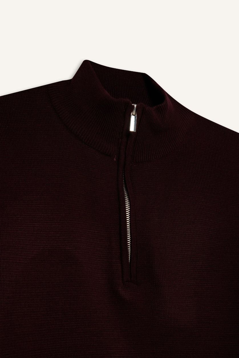 Erkek Bordo Standart Fit Normal Kesim Dik Yaka Yarım Fermuarlı Basic Düz Triko Kazak