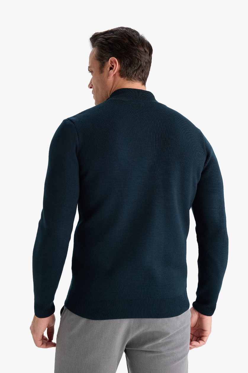 Erkek Koyu Yeşil Standart Fit Normal Kesim Dik Yaka Yarım Fermuarlı Basic Düz Triko Kazak