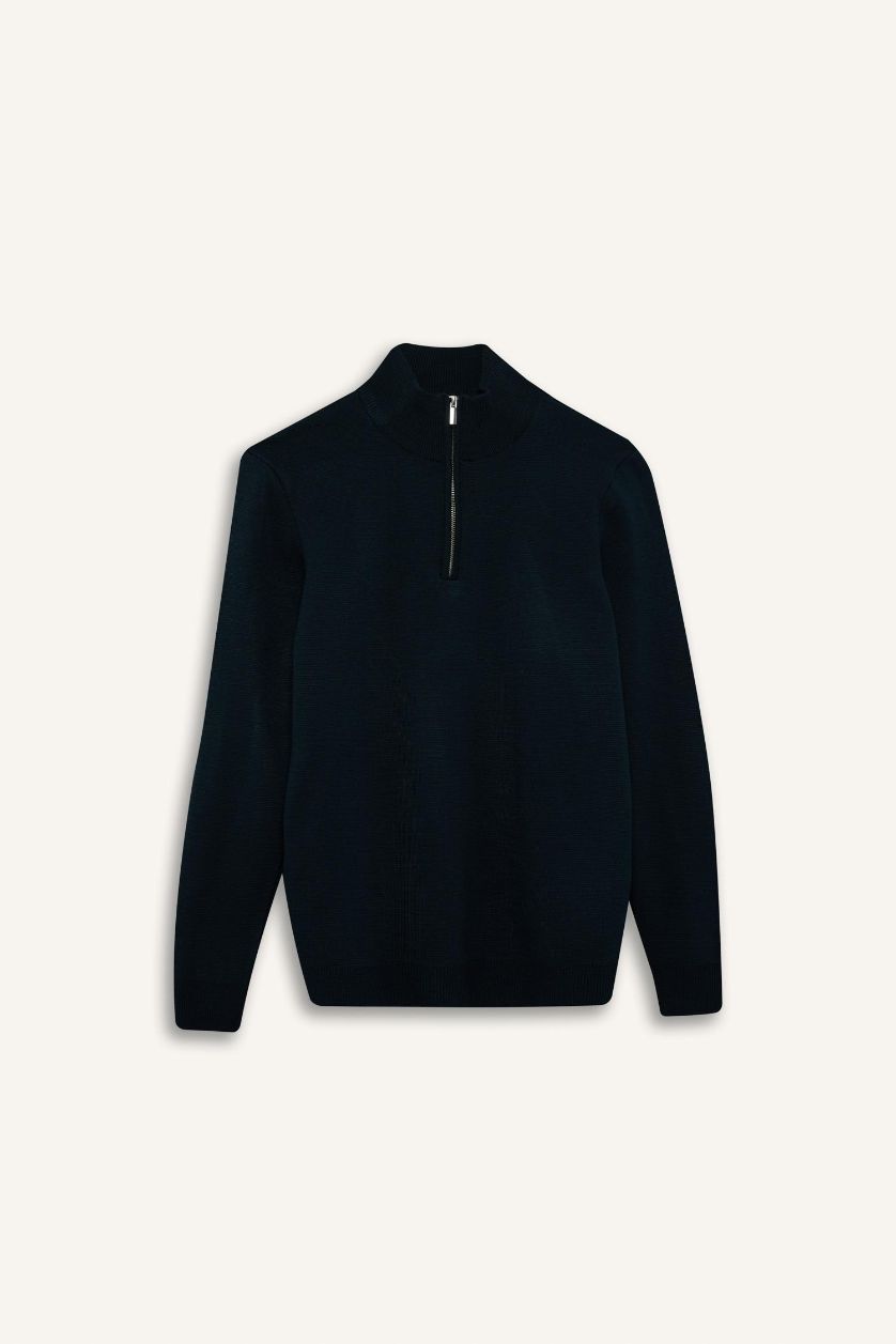 Erkek Koyu Yeşil Standart Fit Normal Kesim Dik Yaka Yarım Fermuarlı Basic Düz Triko Kazak