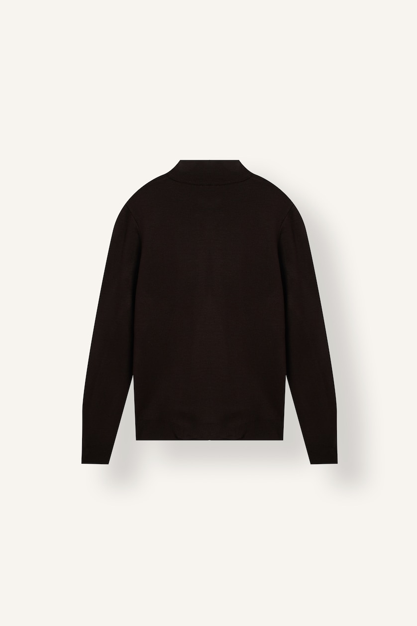 Men Brown Standard Fit Basic Knitted Stand Collar Half-Zip Pullover