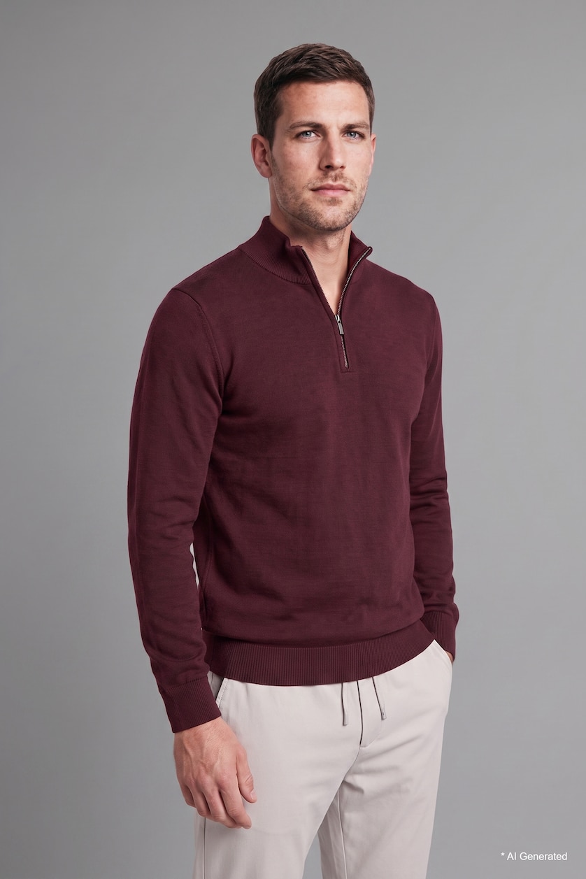 Erkek Bordo Standart Fit Yarım Fermuarlı Triko Kazak