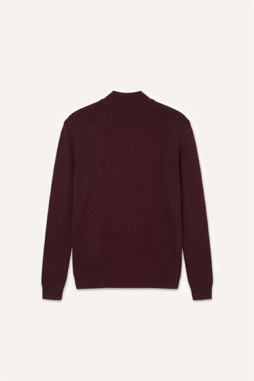 Erkek Bordo Standart Fit Yarım Fermuarlı Triko Kazak