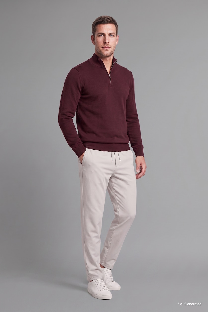 Erkek Bordo Standart Fit Yarım Fermuarlı Triko Kazak