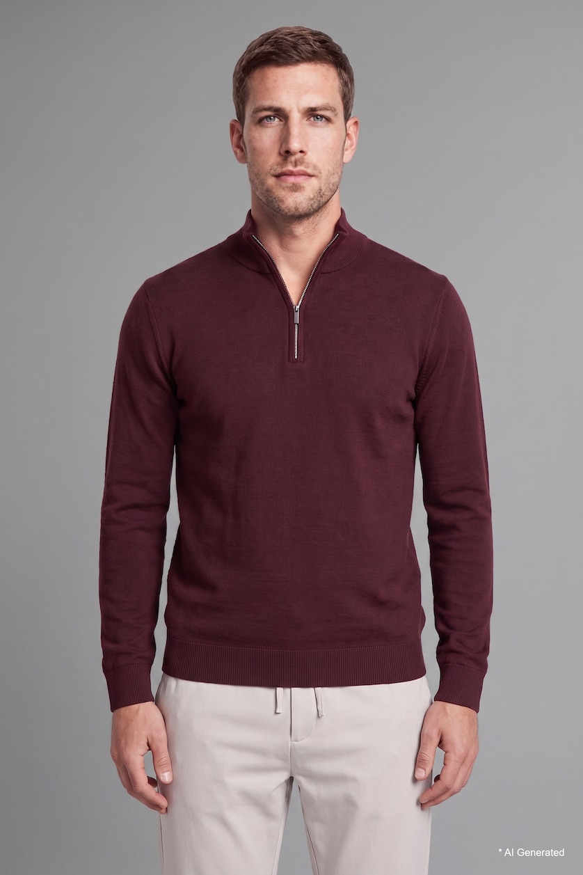 Erkek Bordo Standart Fit Yarım Fermuarlı Triko Kazak
