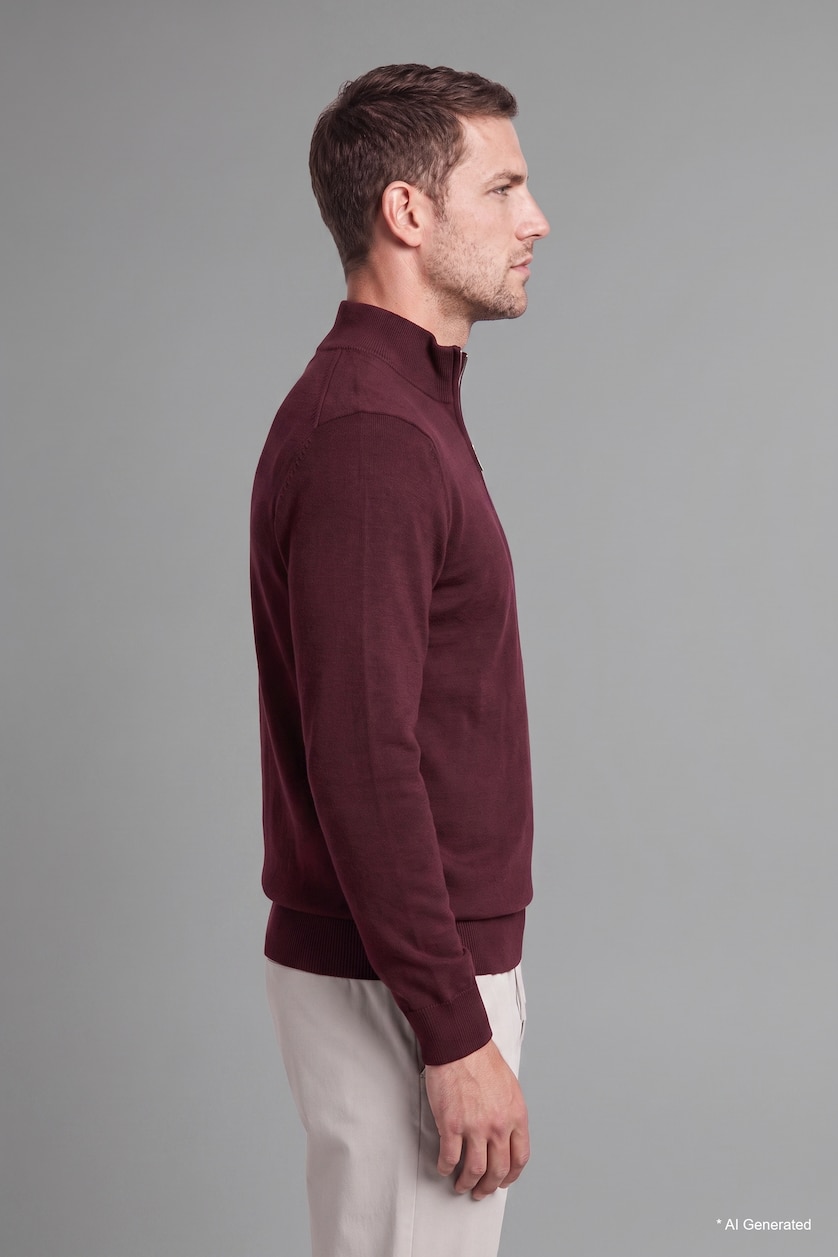 Erkek Bordo Standart Fit Yarım Fermuarlı Triko Kazak