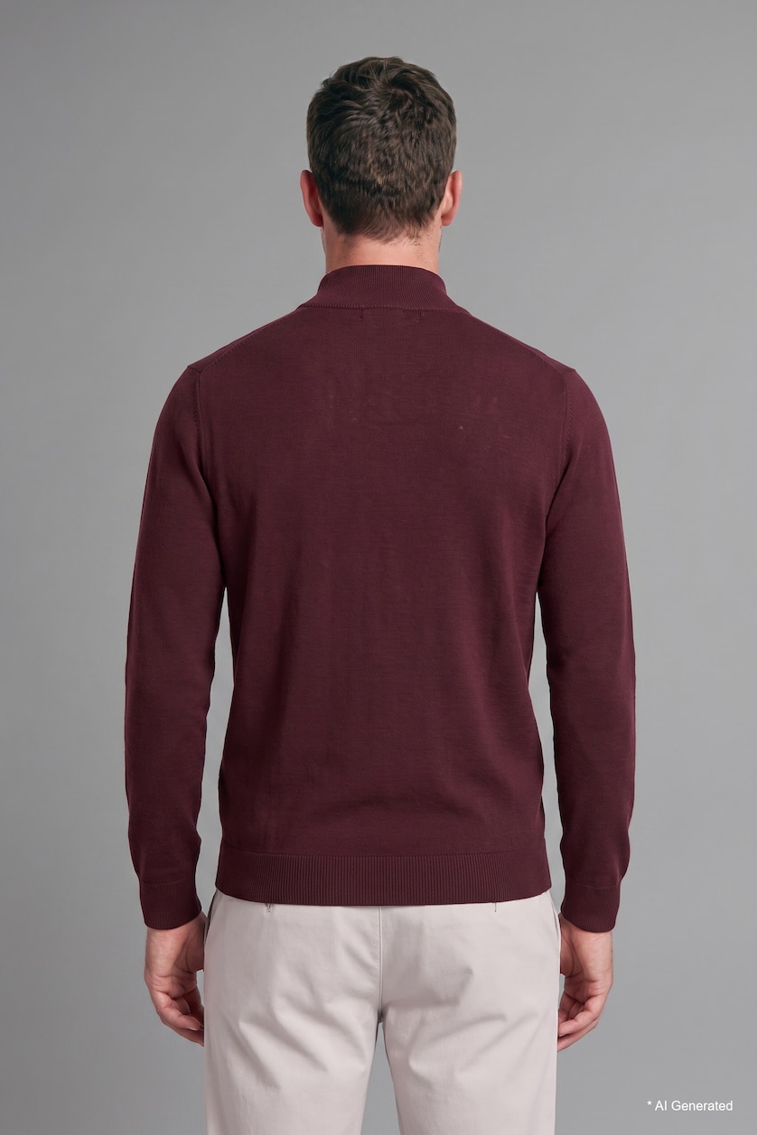Erkek Bordo Standart Fit Yarım Fermuarlı Triko Kazak