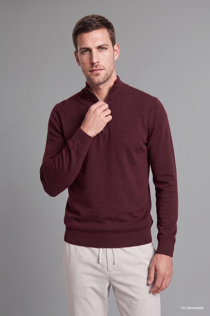 Erkek Bordo Standart Fit Yarım Fermuarlı Triko Kazak