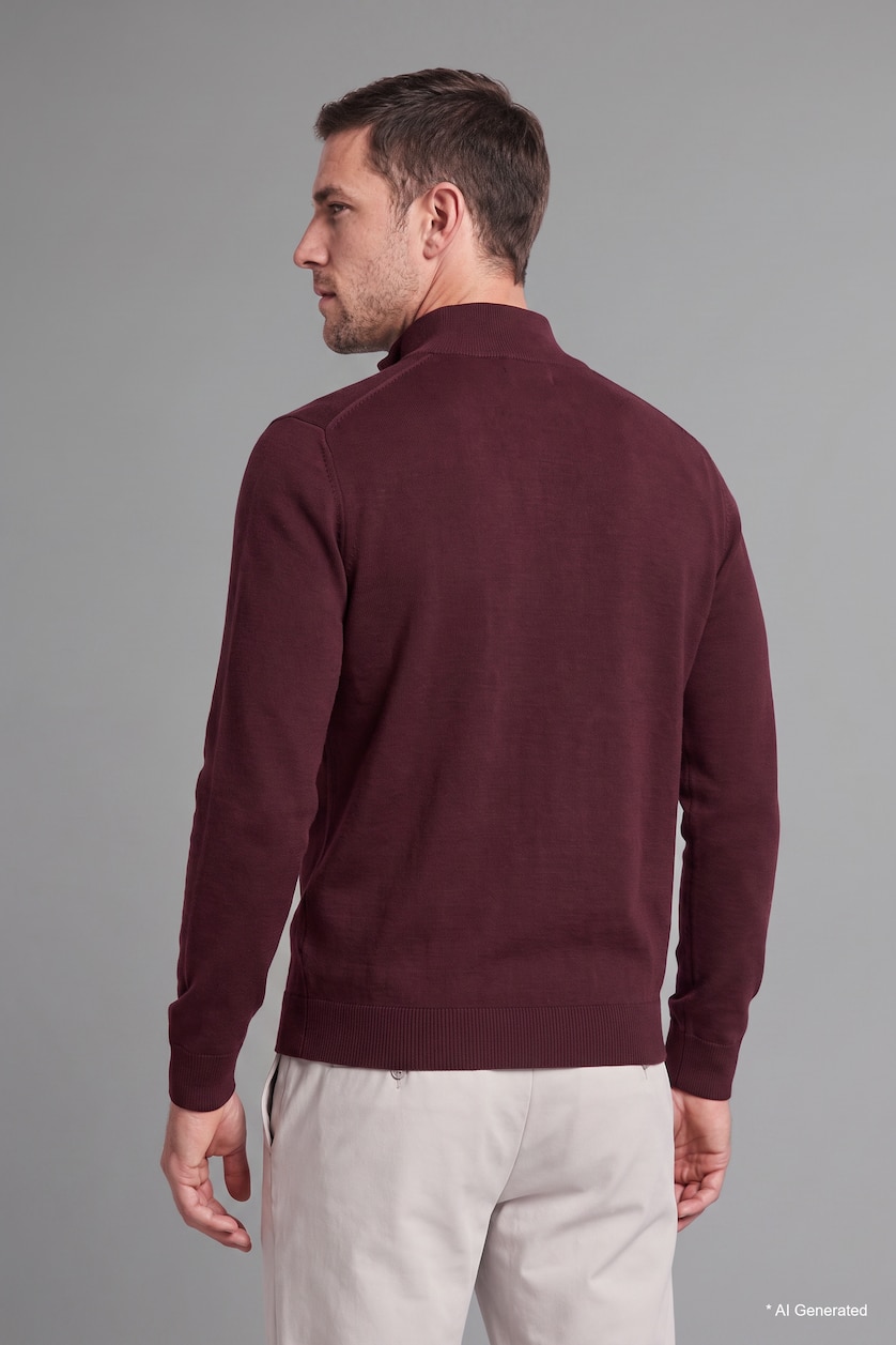 Erkek Bordo Standart Fit Yarım Fermuarlı Triko Kazak
