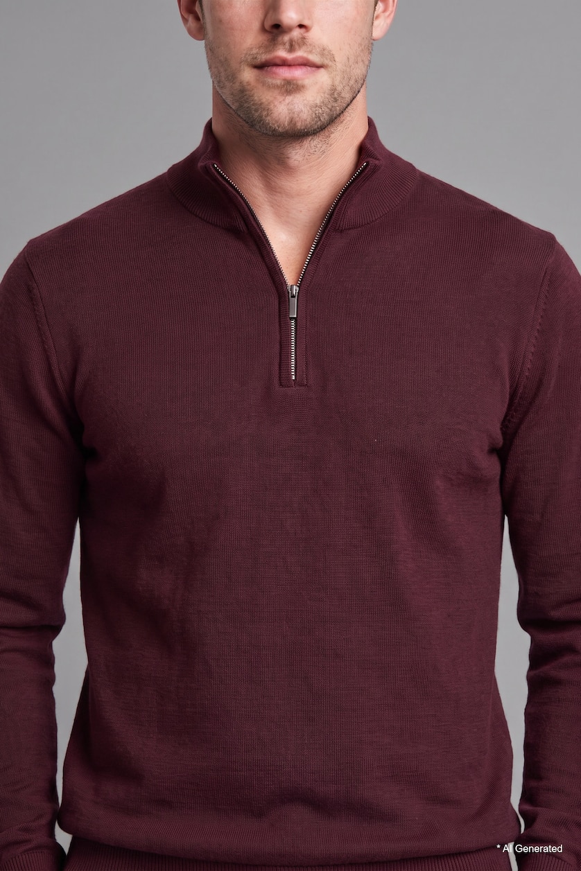 Erkek Bordo Standart Fit Yarım Fermuarlı Triko Kazak