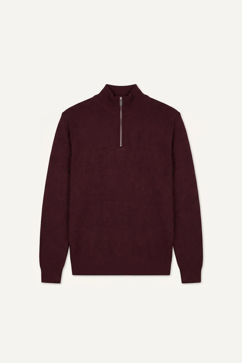Erkek Bordo Standart Fit Yarım Fermuarlı Triko Kazak