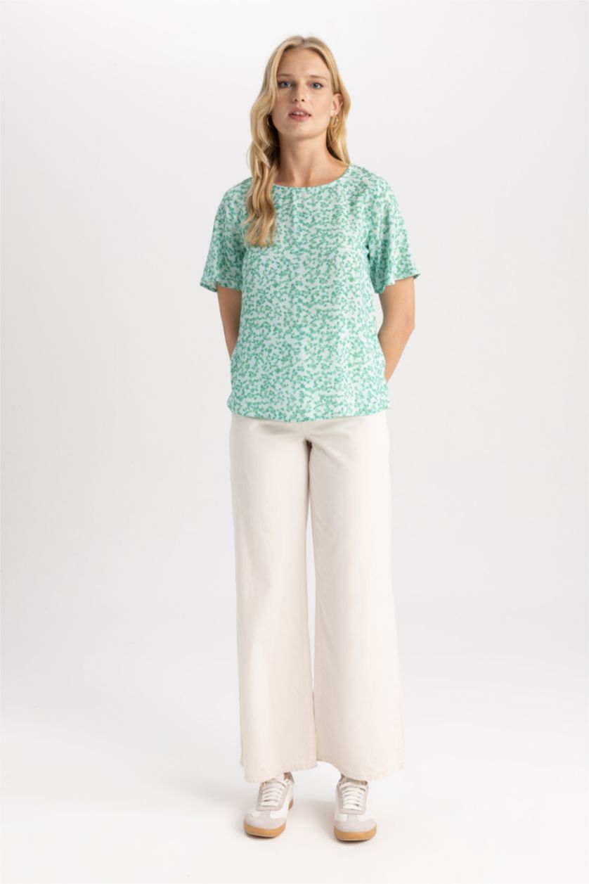 WOMAN Mint Round Neck Regular Fit Short Sleeve Blouse