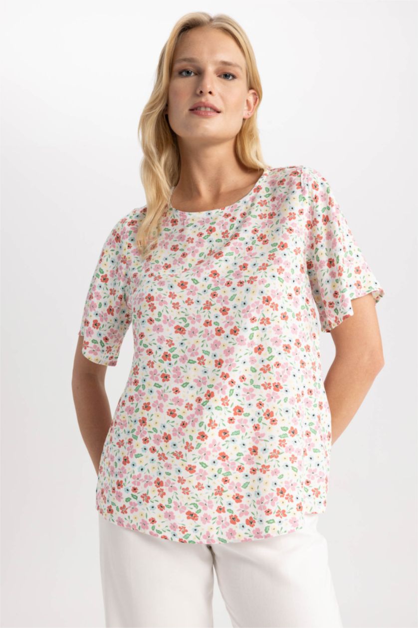 FEMME Rose Chemisier à Manches Courtes coupe régulière Col Rond