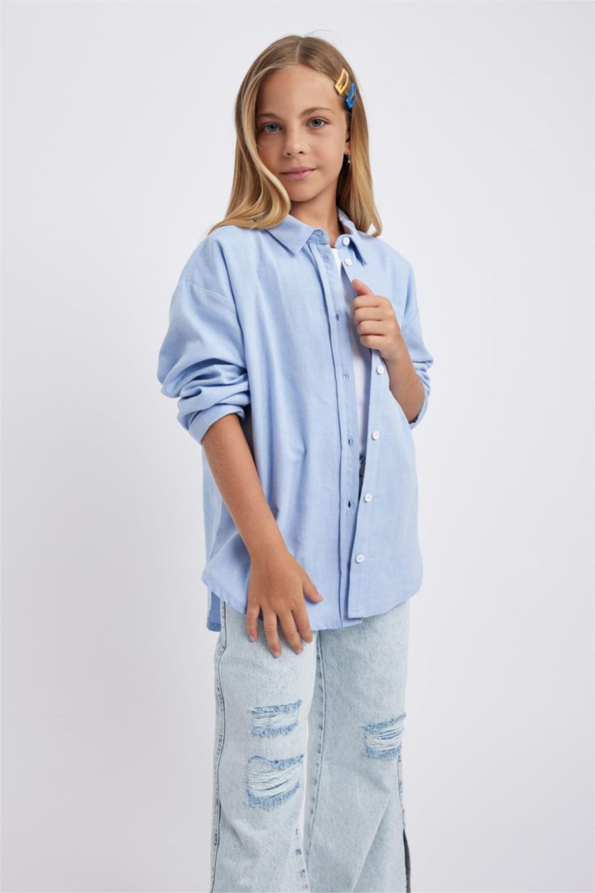 Девочки и подростки Голубрй Рубашка оверсайз для девочек, Школьная коллекция