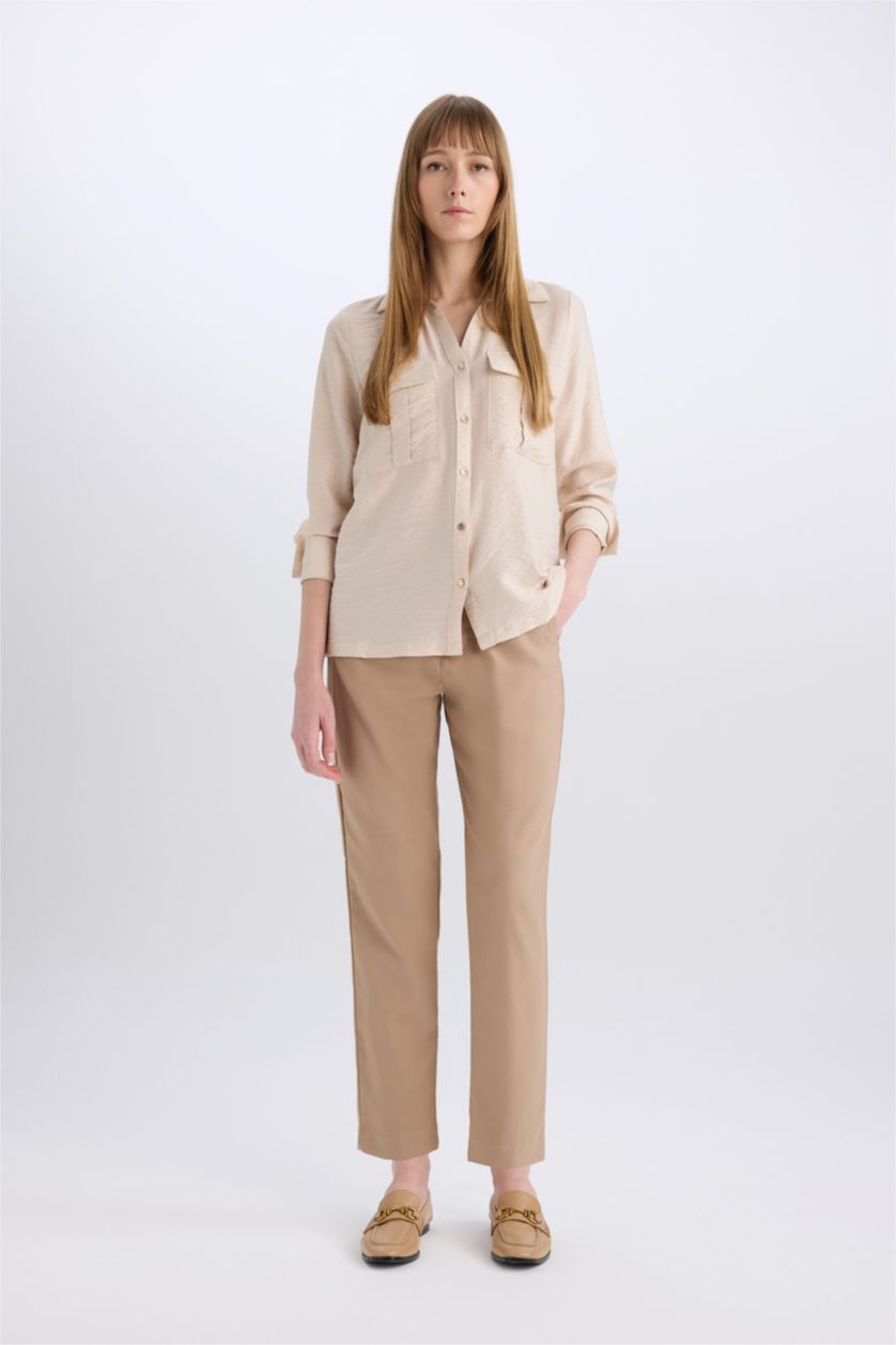 Kadın Vizon Slim Fit Dar Kesim Cepli Yüksek Bel Kısa Paça Basic Düz Kumaş Pantolon