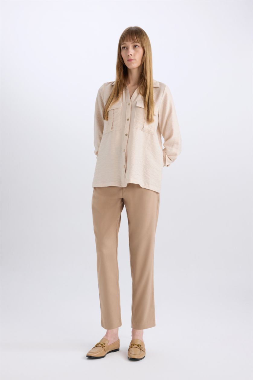 Kadın Vizon Slim Fit Dar Kesim Cepli Yüksek Bel Kısa Paça Basic Düz Kumaş Pantolon