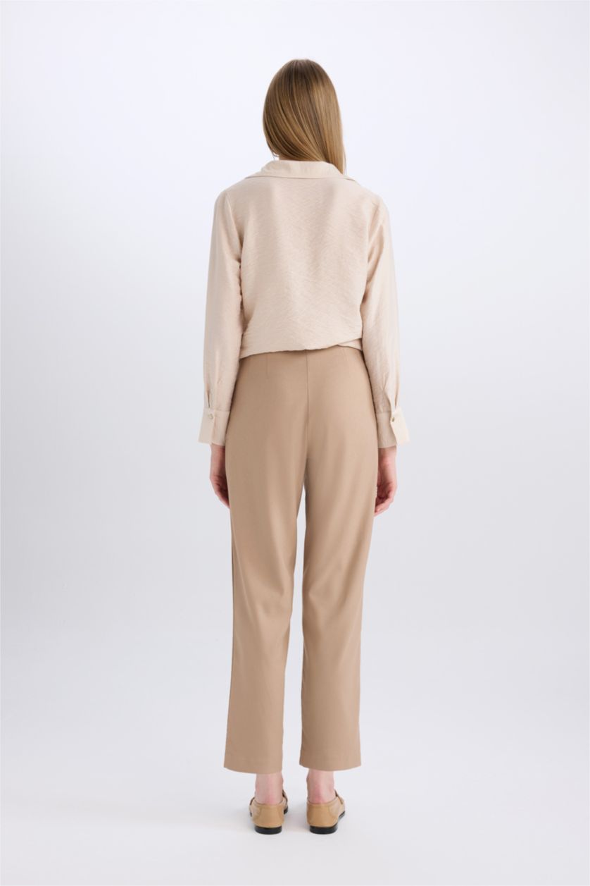 Kadın Vizon Slim Fit Dar Kesim Cepli Yüksek Bel Kısa Paça Basic Düz Kumaş Pantolon