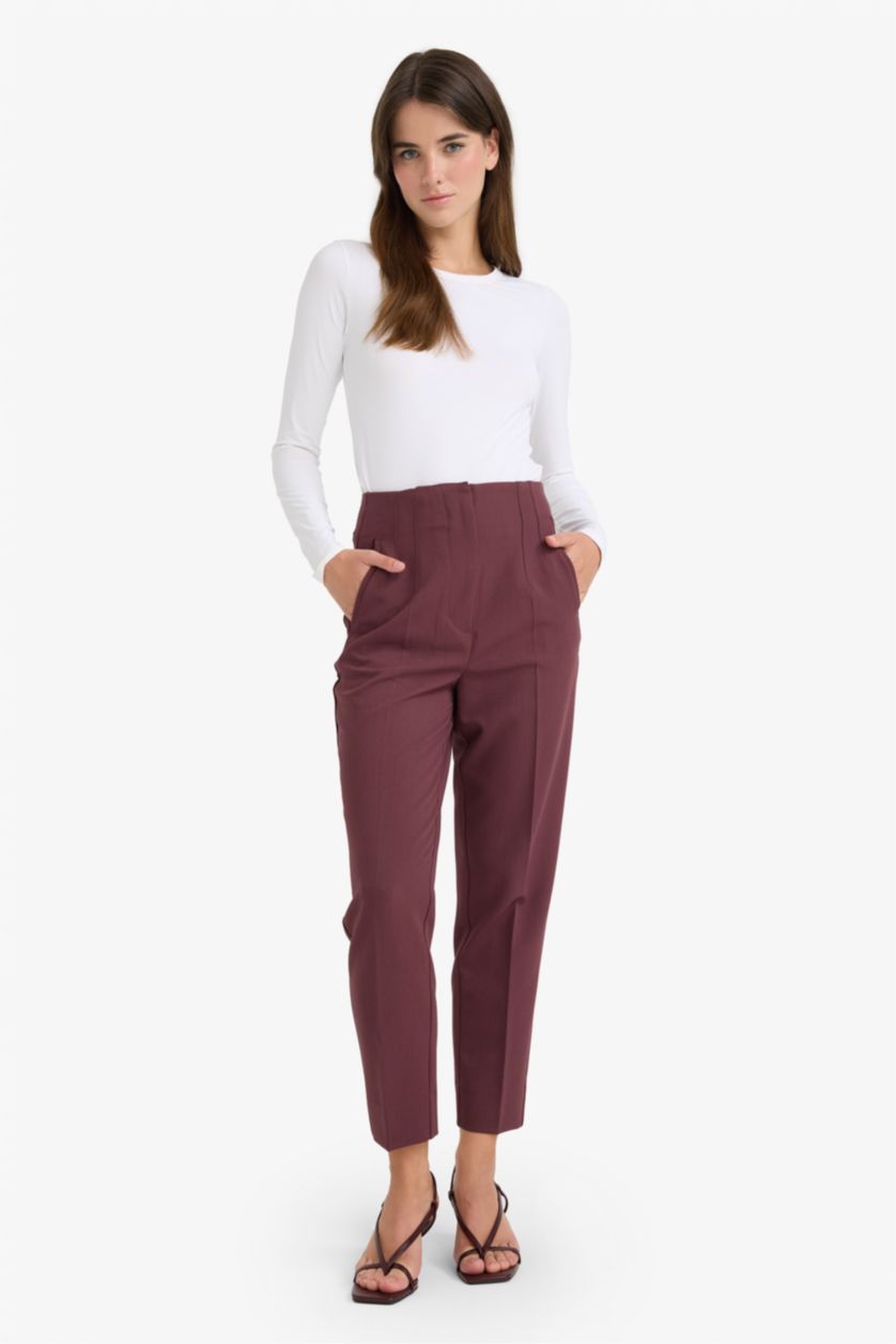 Женщины Бордовый Штаны Slim Fit с карманами, высокая талия, укороченные