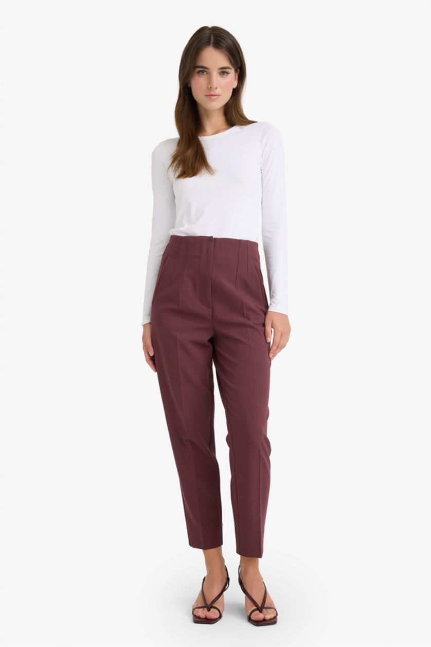 Женщины Бордовый Штаны Slim Fit с карманами, высокая талия, укороченные