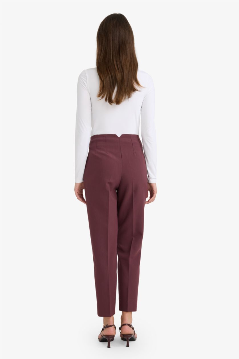 Женщины Бордовый Штаны Slim Fit с карманами, высокая талия, укороченные