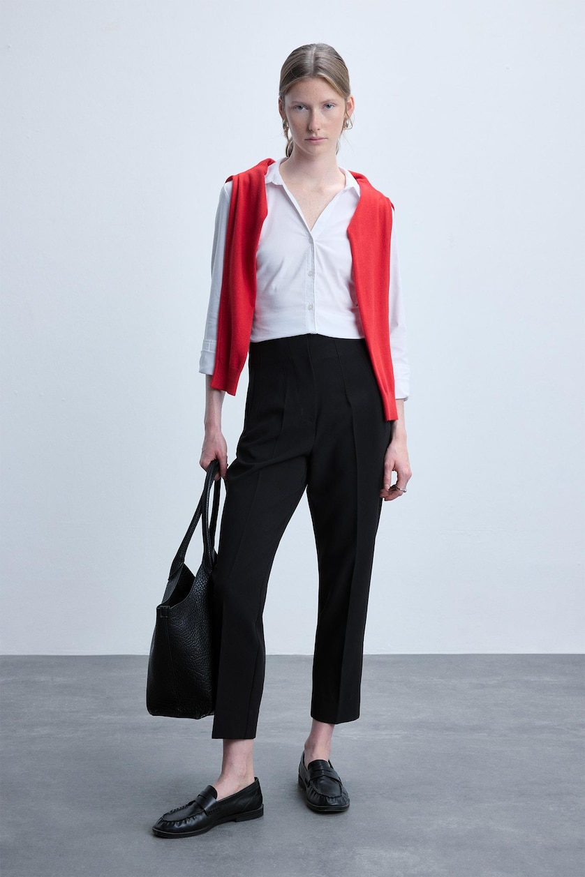 FEMME Noir Pantalon court à taille haute avec poches Coupe slim