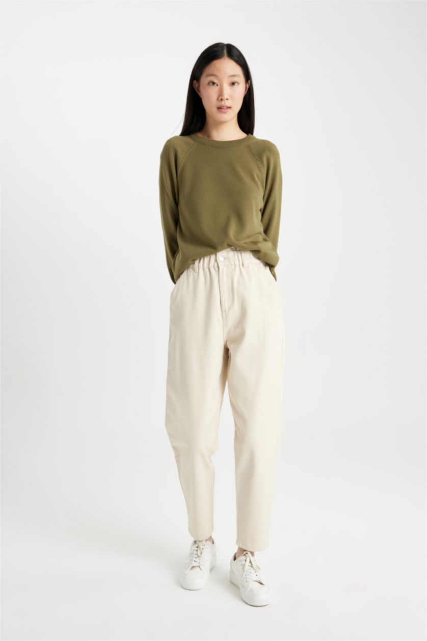 FEMME Beige Clair Pantalon Gabardine à Taille Haute à Jambes Droites avec Poches Paperbag
