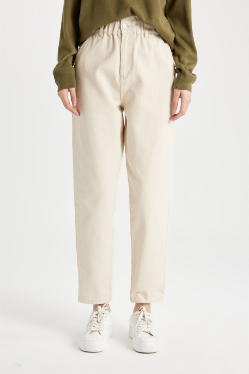 FEMME Beige Clair Pantalon Gabardine à Taille Haute à Jambes Droites avec Poches Paperbag