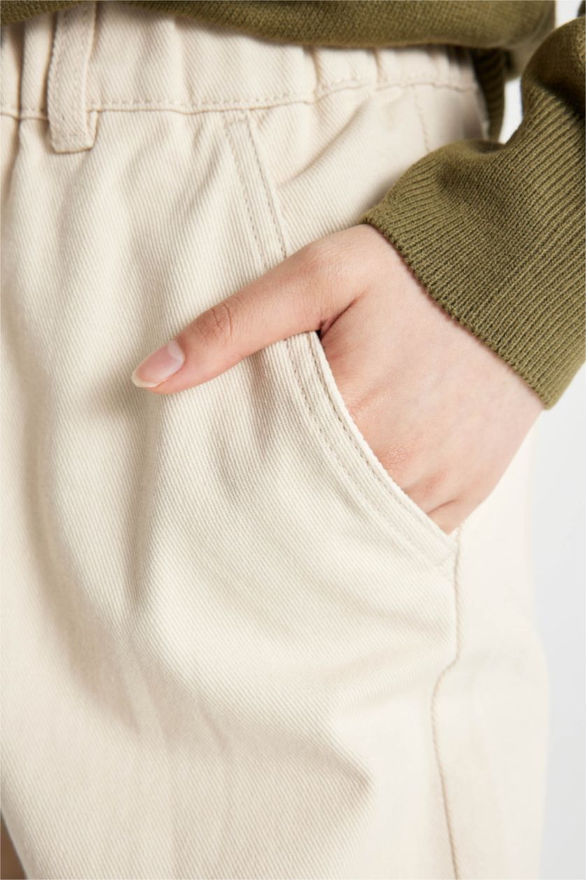 FEMME Beige Clair Pantalon Gabardine à Taille Haute à Jambes Droites avec Poches Paperbag