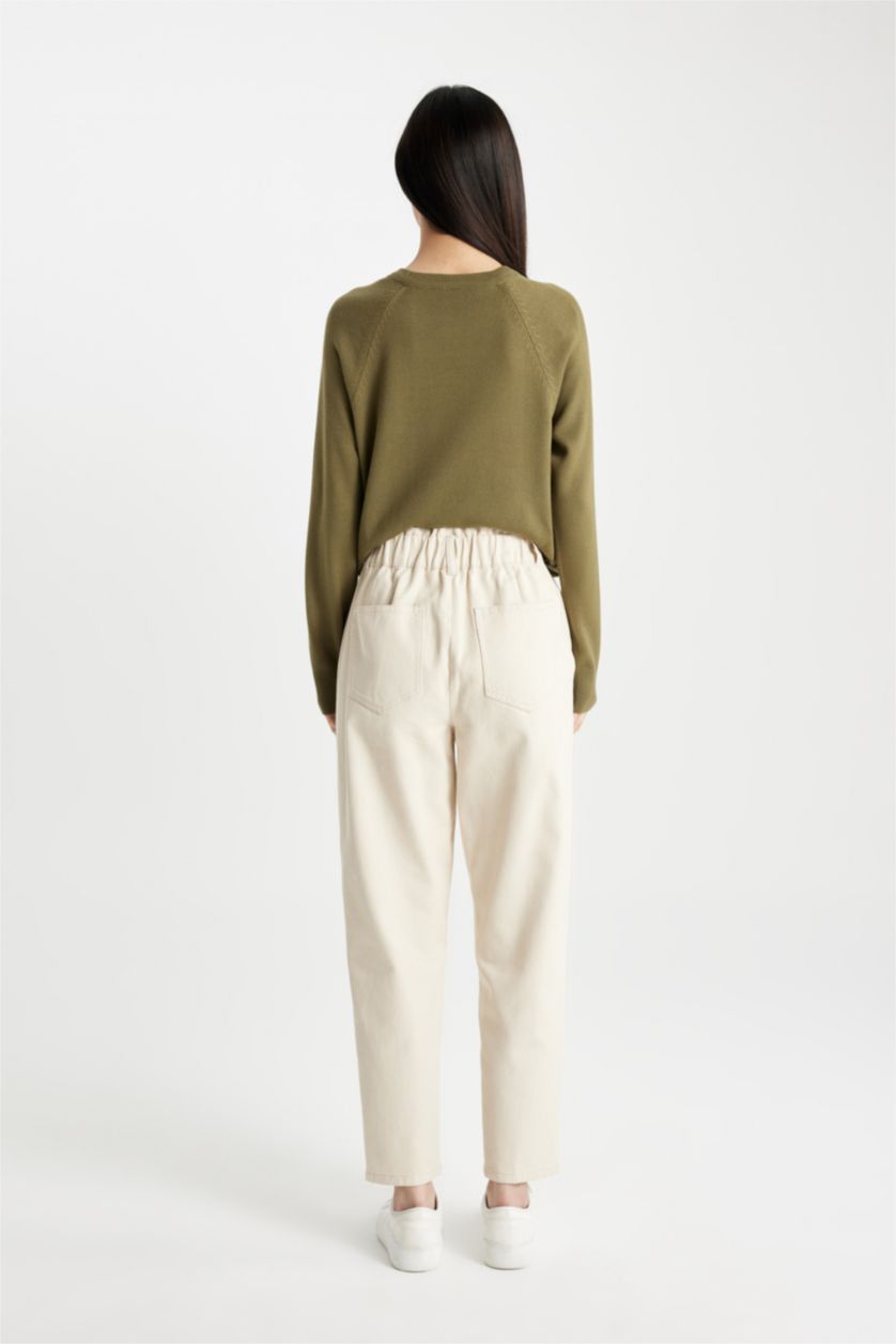 FEMME Beige Clair Pantalon Gabardine à Taille Haute à Jambes Droites avec Poches Paperbag