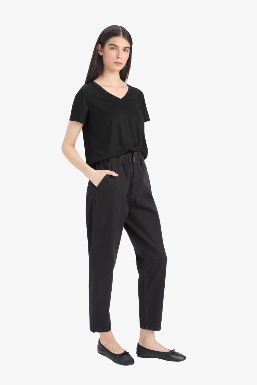 FEMME Noir Pantalon droit en Gabardine à taille haute avec poches