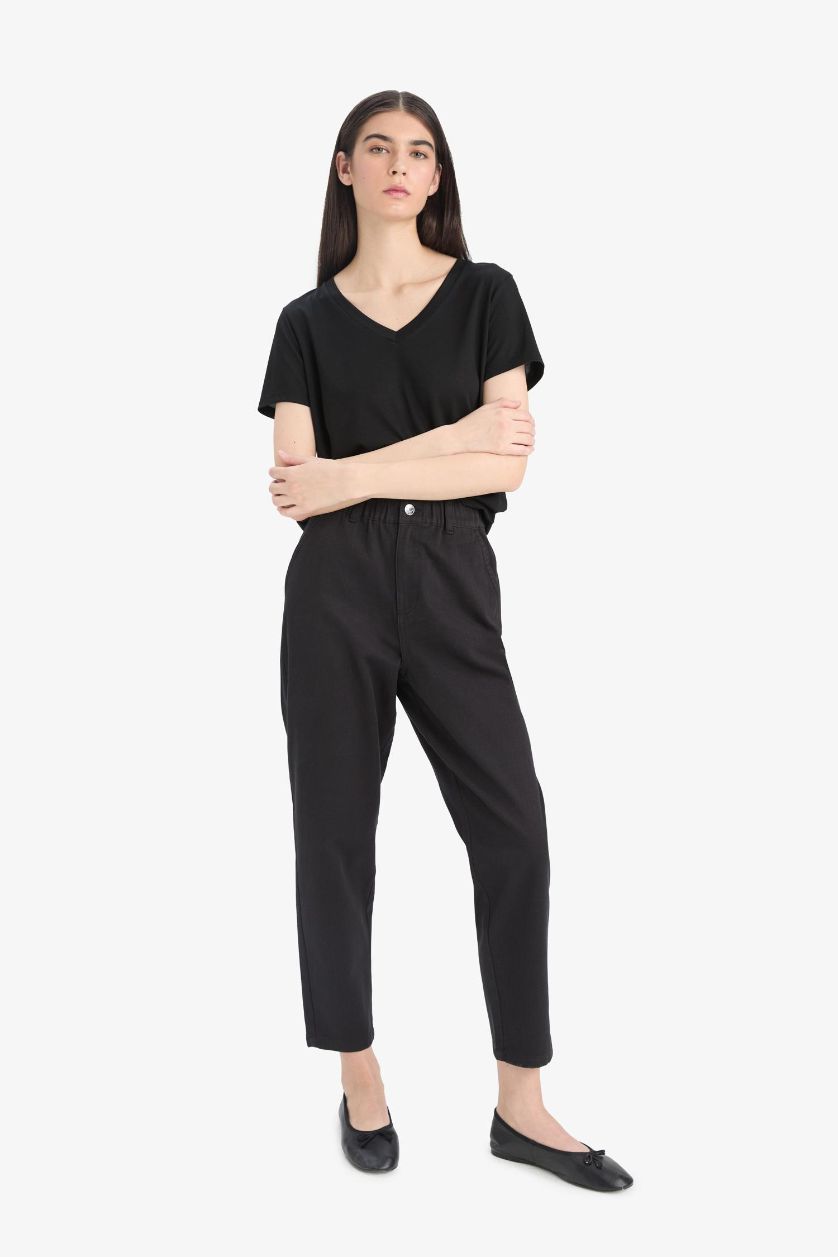 FEMME Noir Pantalon droit en Gabardine à taille haute avec poches