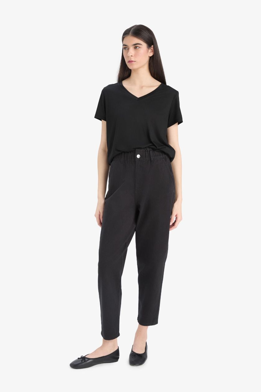 FEMME Noir Pantalon droit en Gabardine à taille haute avec poches