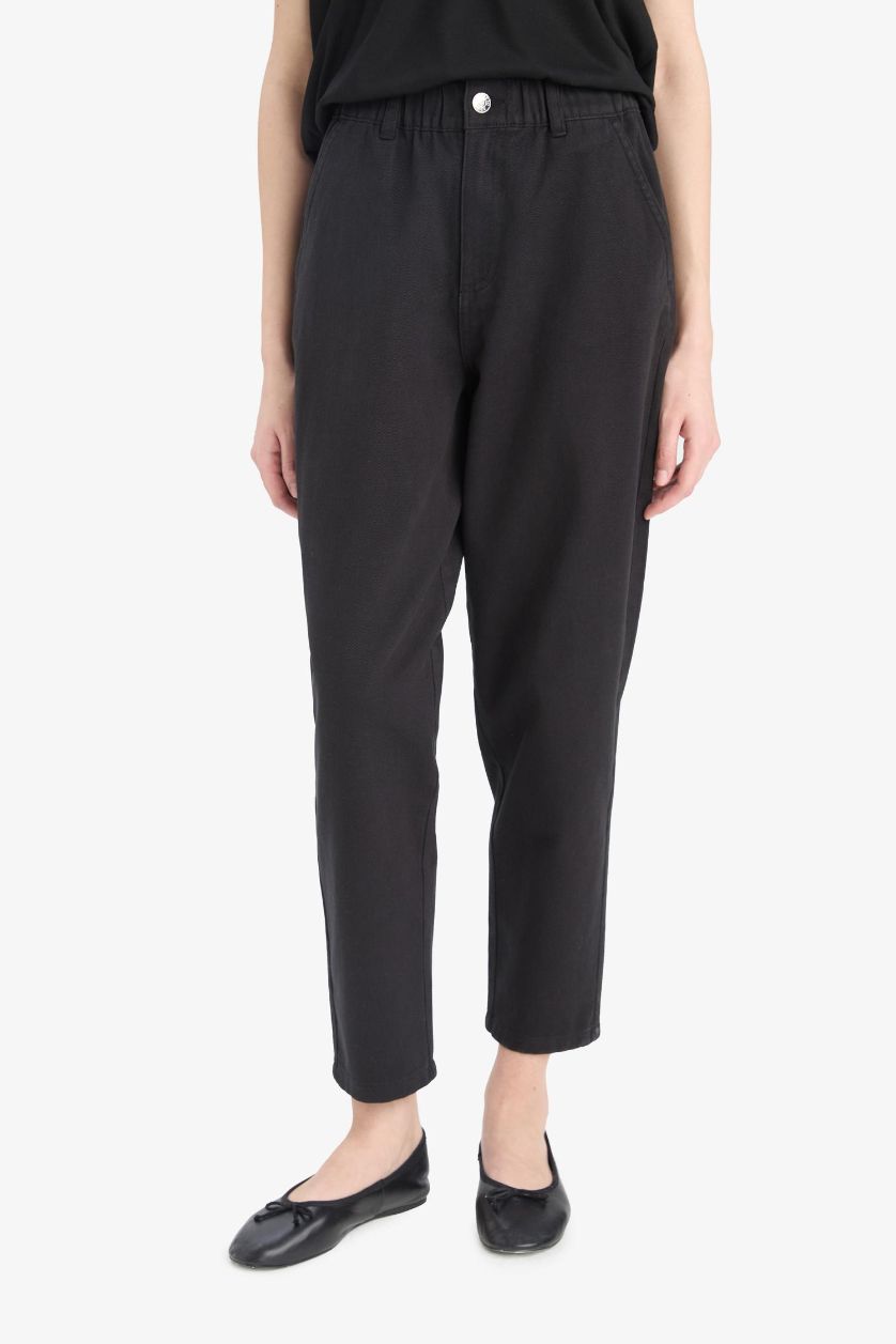 FEMME Noir Pantalon droit en Gabardine à taille haute avec poches