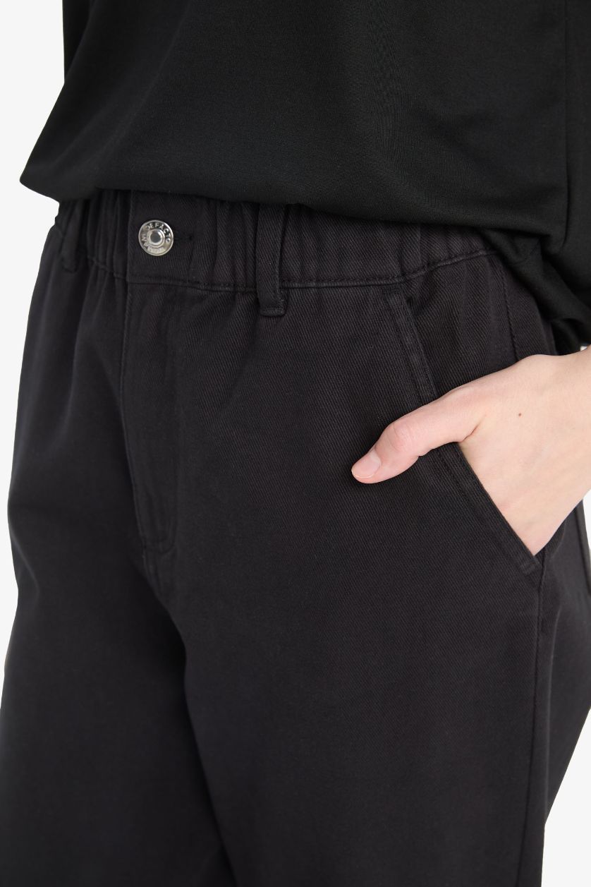 FEMME Noir Pantalon droit en Gabardine à taille haute avec poches