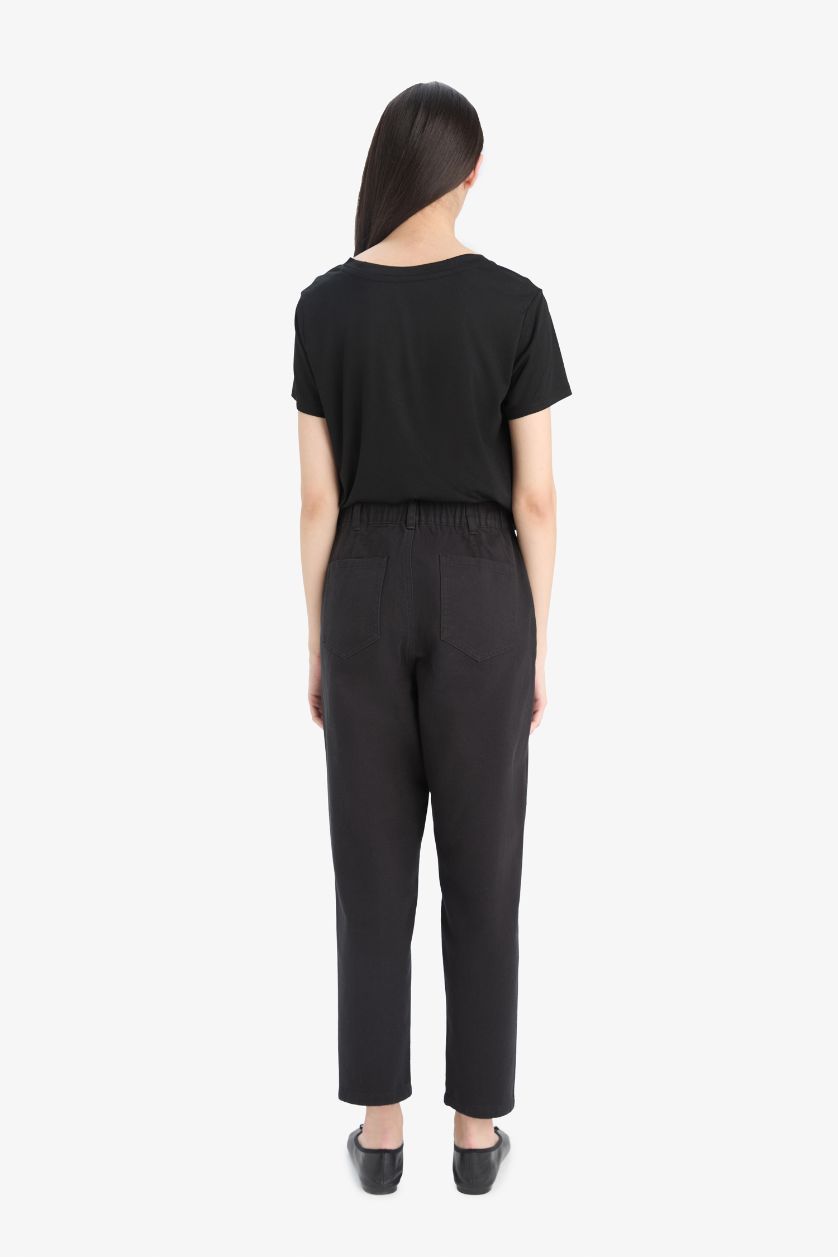 FEMME Noir Pantalon droit en Gabardine à taille haute avec poches