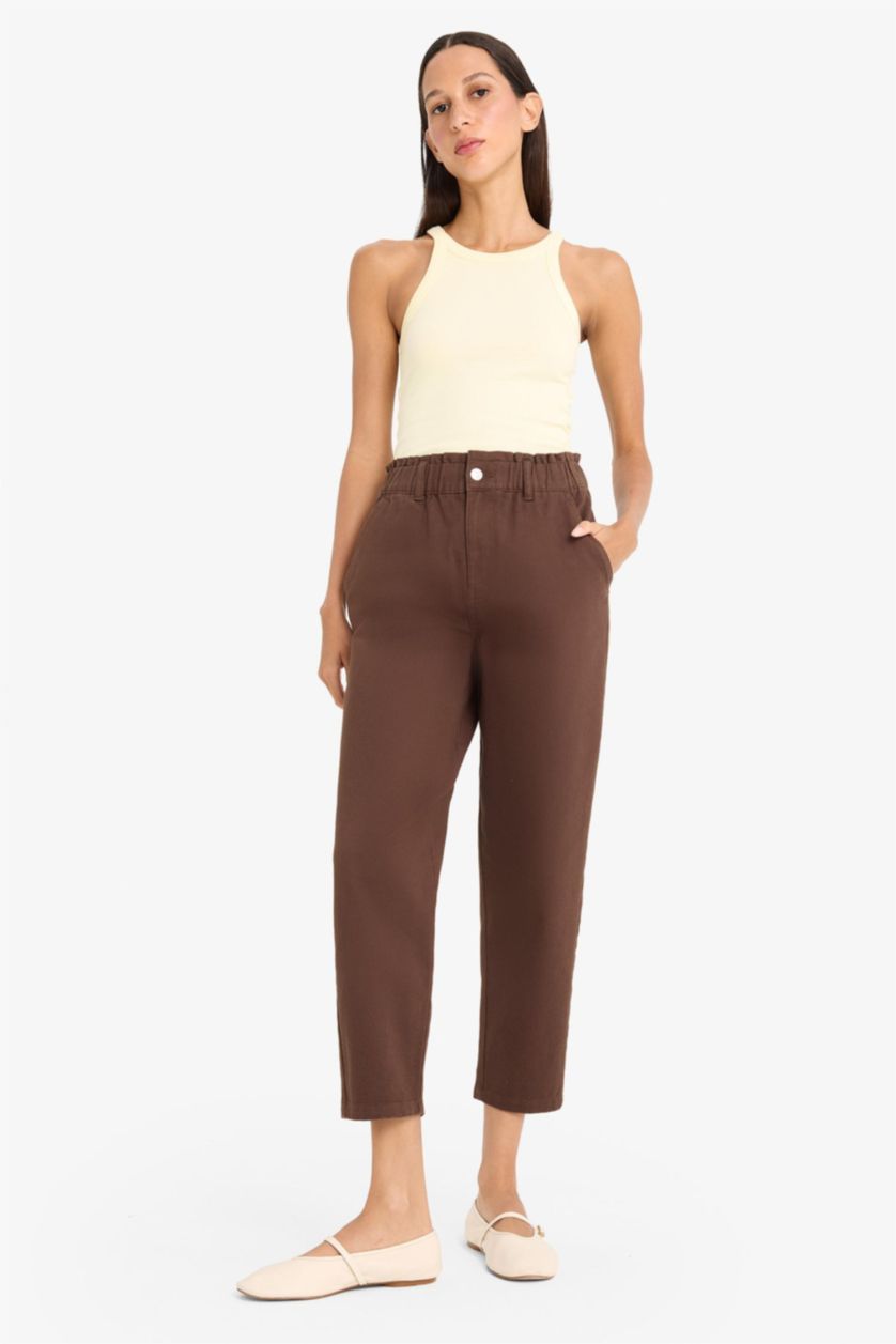 FEMME Marron Pantalon paperbag taille haute droit en gabardine à poches cargo