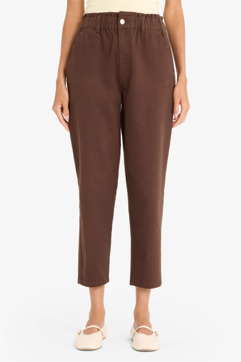FEMME Marron Pantalon paperbag taille haute droit en gabardine à poches cargo