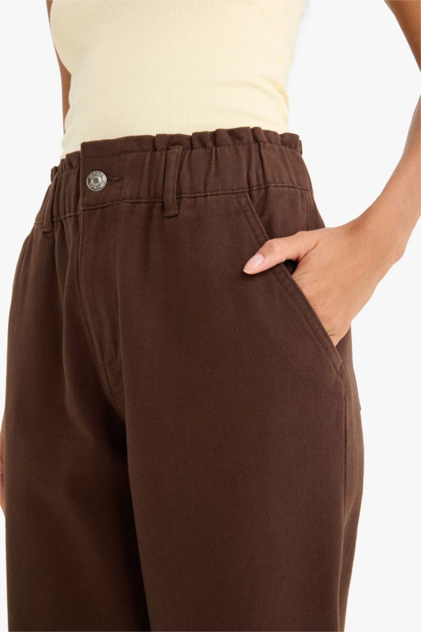 FEMME Marron Pantalon paperbag taille haute droit en gabardine à poches cargo